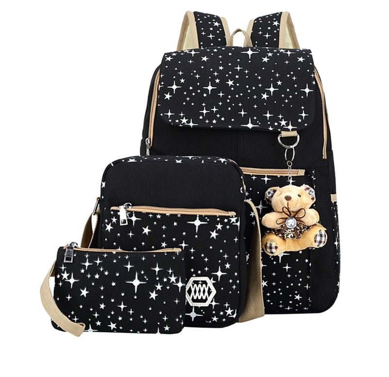 Bansusu Star Print Girls Black Backpacks Set for School, School Bags Backpack Bookbags for Teenage Girls, with Crossbody Bag, 3 Pieces - Image 1